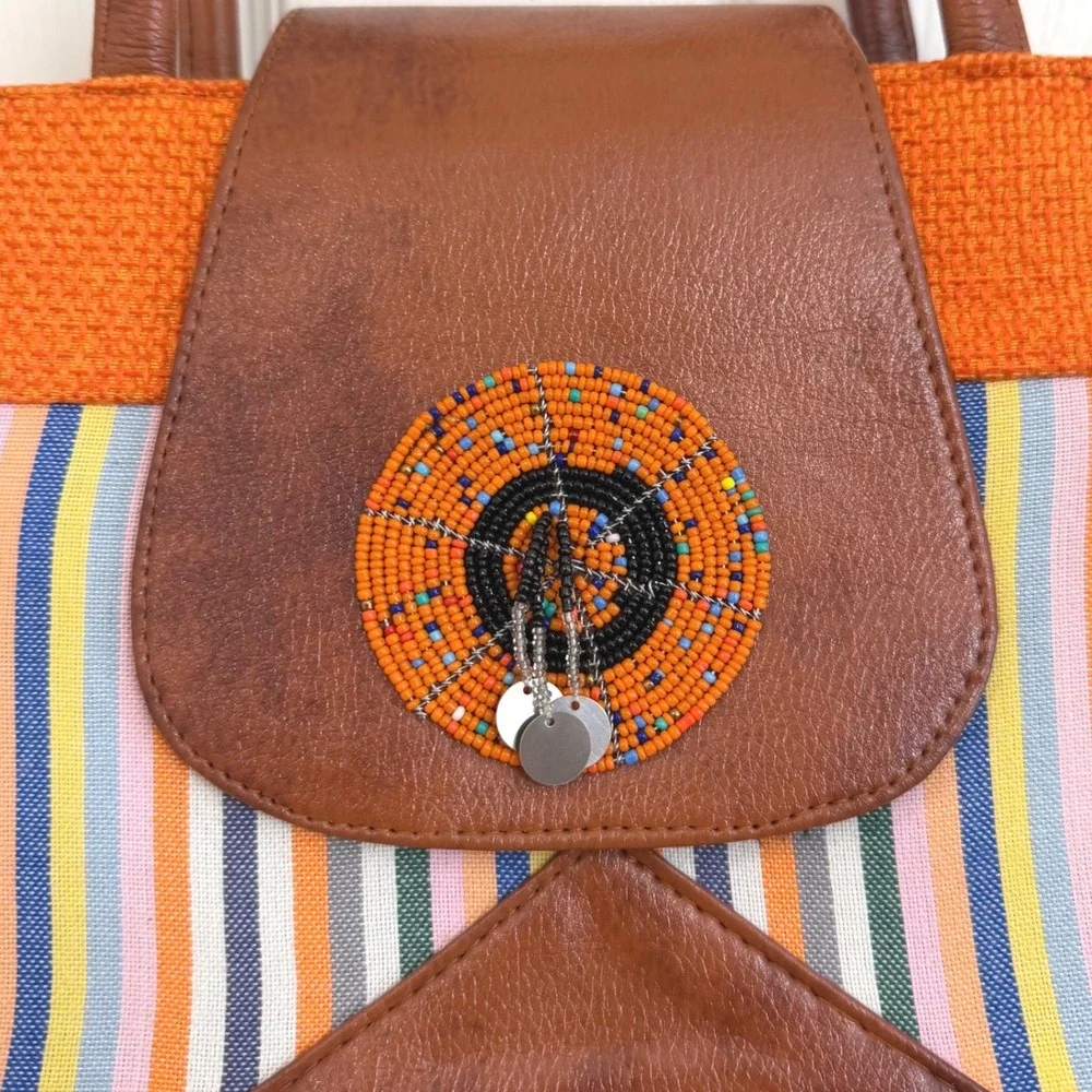 Boho Beaded Striped Woven Tote Bag Orange Brown Faux Leather Shoulder Bag Large